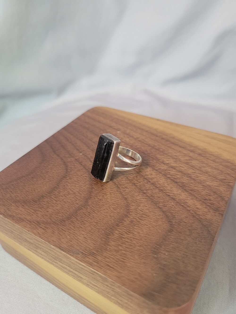 Sterling Silver Raw Black Tourmaline Rectangular Ring